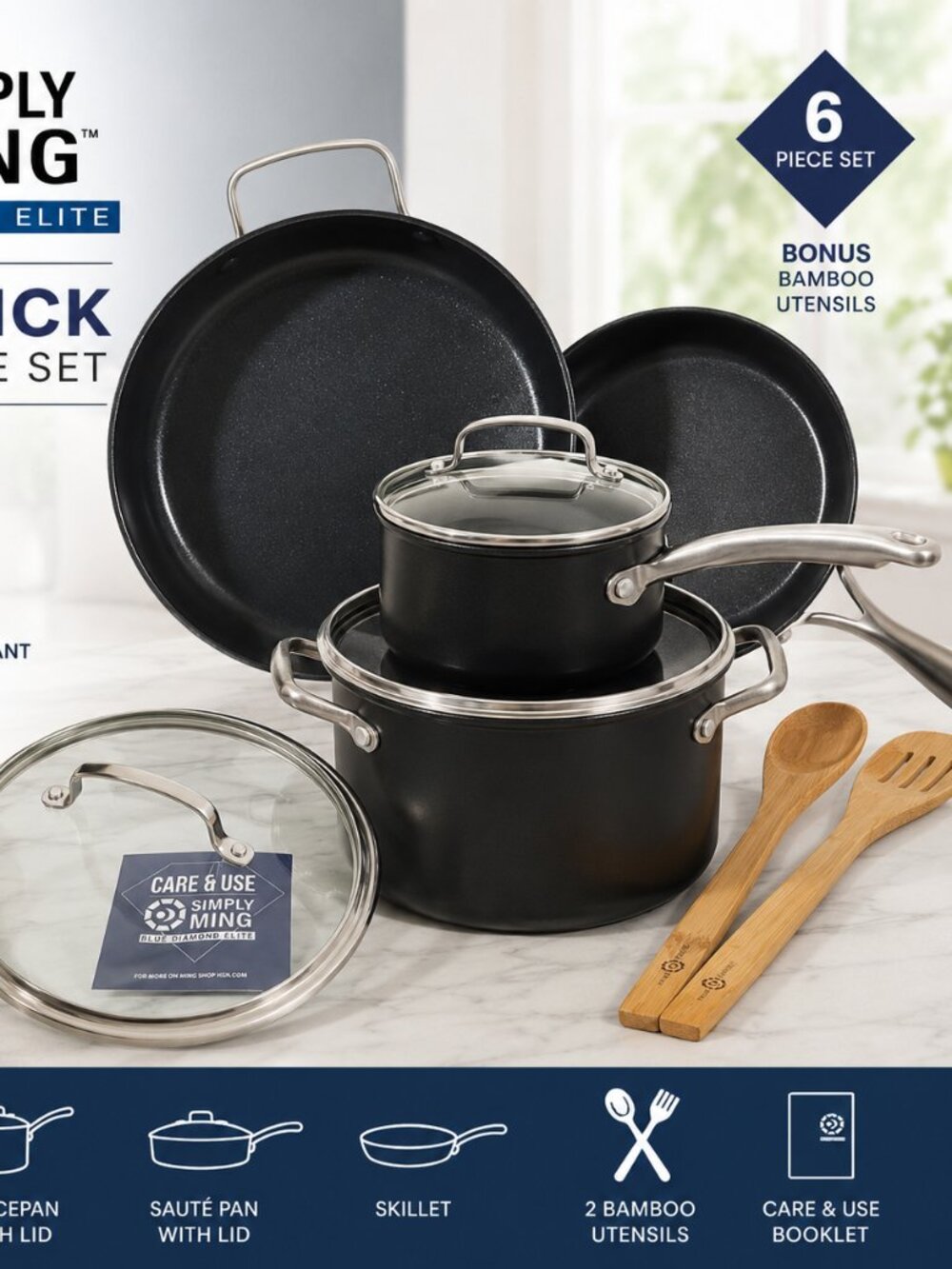 Simply Ming Blue Diamond Elite Nonstick Cookware Set NIB Glass Lids